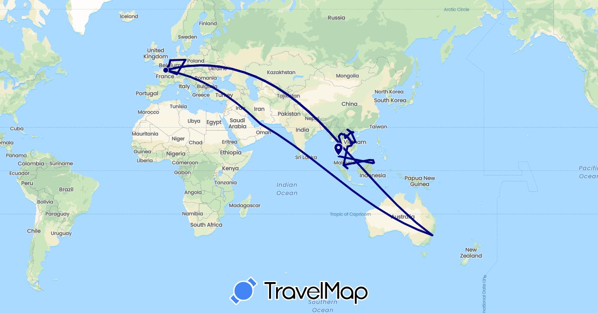 TravelMap itinerary: driving in United Arab Emirates, Australia, Belgium, Switzerland, Germany, France, Cambodia, Laos, Malaysia, Netherlands, Singapore, Thailand, Vietnam (Asia, Europe, Oceania)